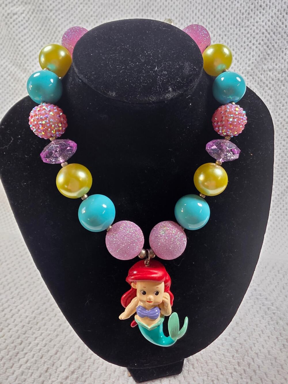 Girls Chunky Bubblegum Necklace 16" Turquoise, Purple & Yellow Ariel